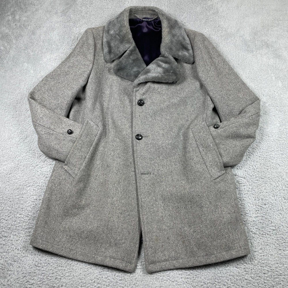 Vintage Sears Faux Fur Collar Overcoat Mens 44 Grey 1970s Wool Heavy Winter Coat